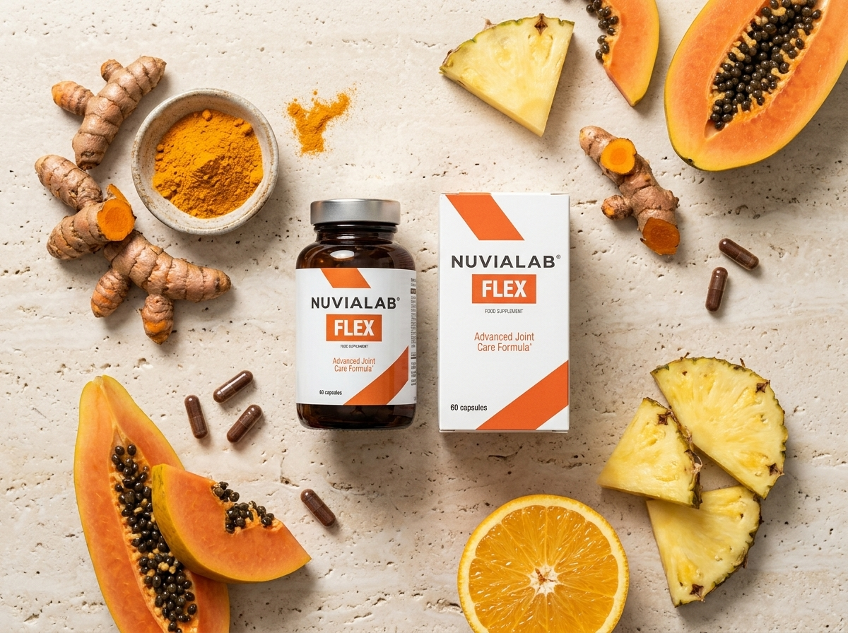 NuviaLab Flex ingredients: turmeric, pineapple, papaya and capsules arranged around the supplement bottle