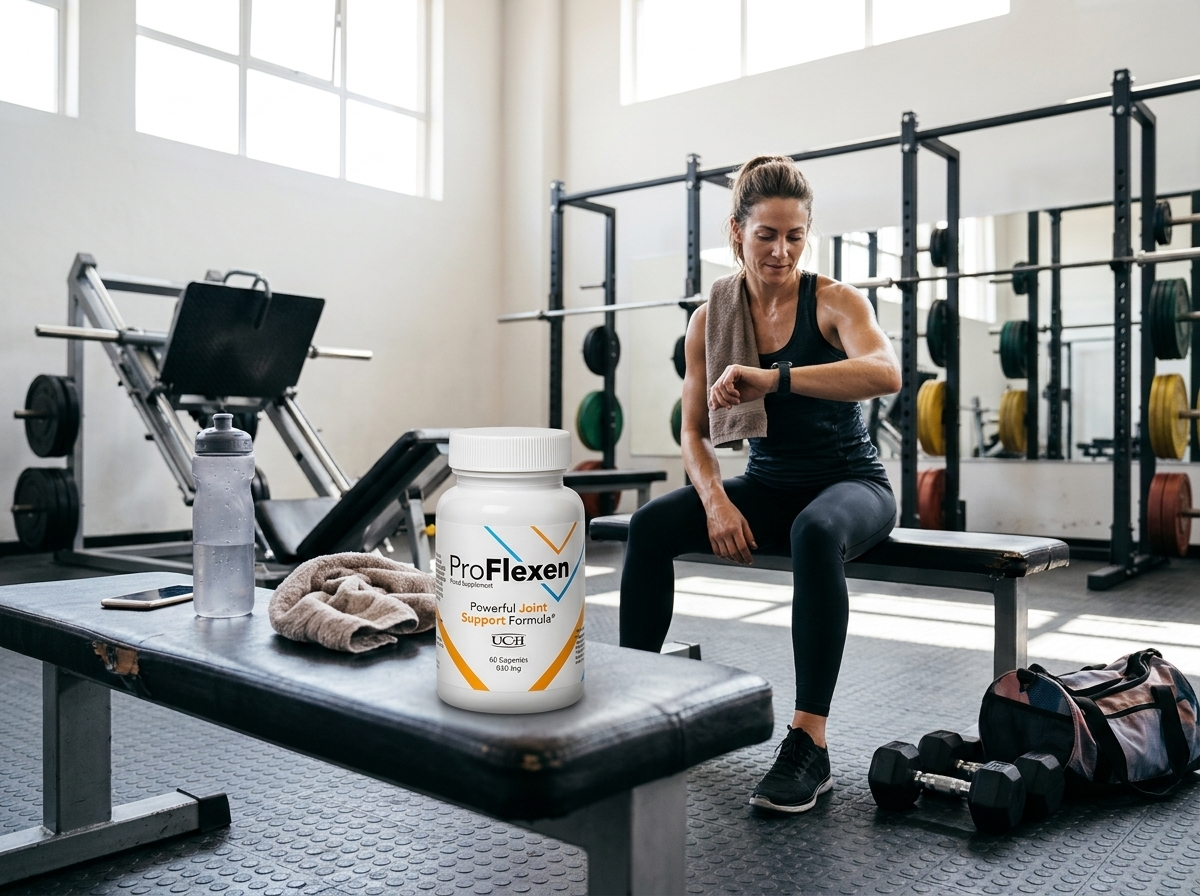 Athletic woman finishing a leg workout in the gym, joint support supplement ProFlexen