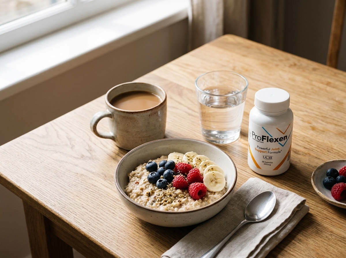 Healthy breakfast table with fruit and water, a daily routine to take ProFlexen before a meal