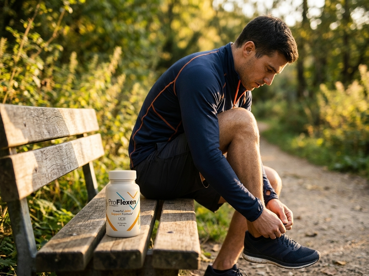 Man tying running shoes before a run, joint support for active lifestyles with ProFlexen