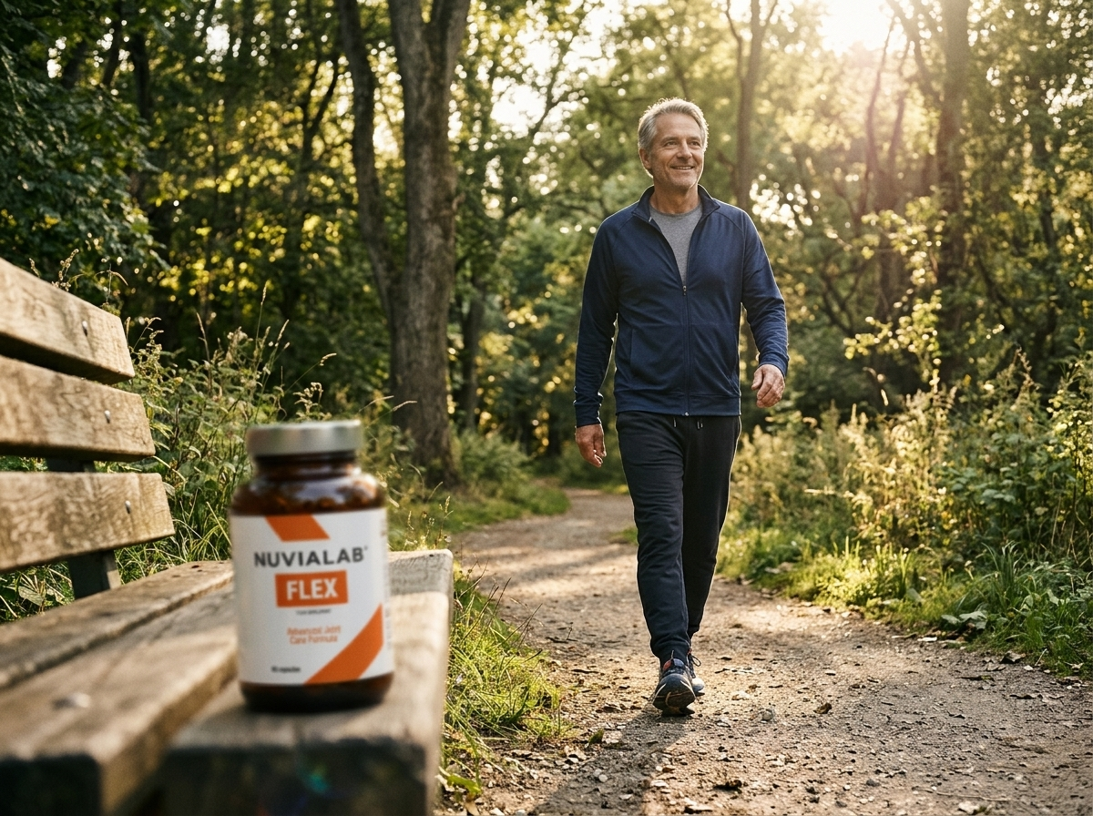 Active man walking on a park trail, representing daily joint mobility support with NuviaLab Flex