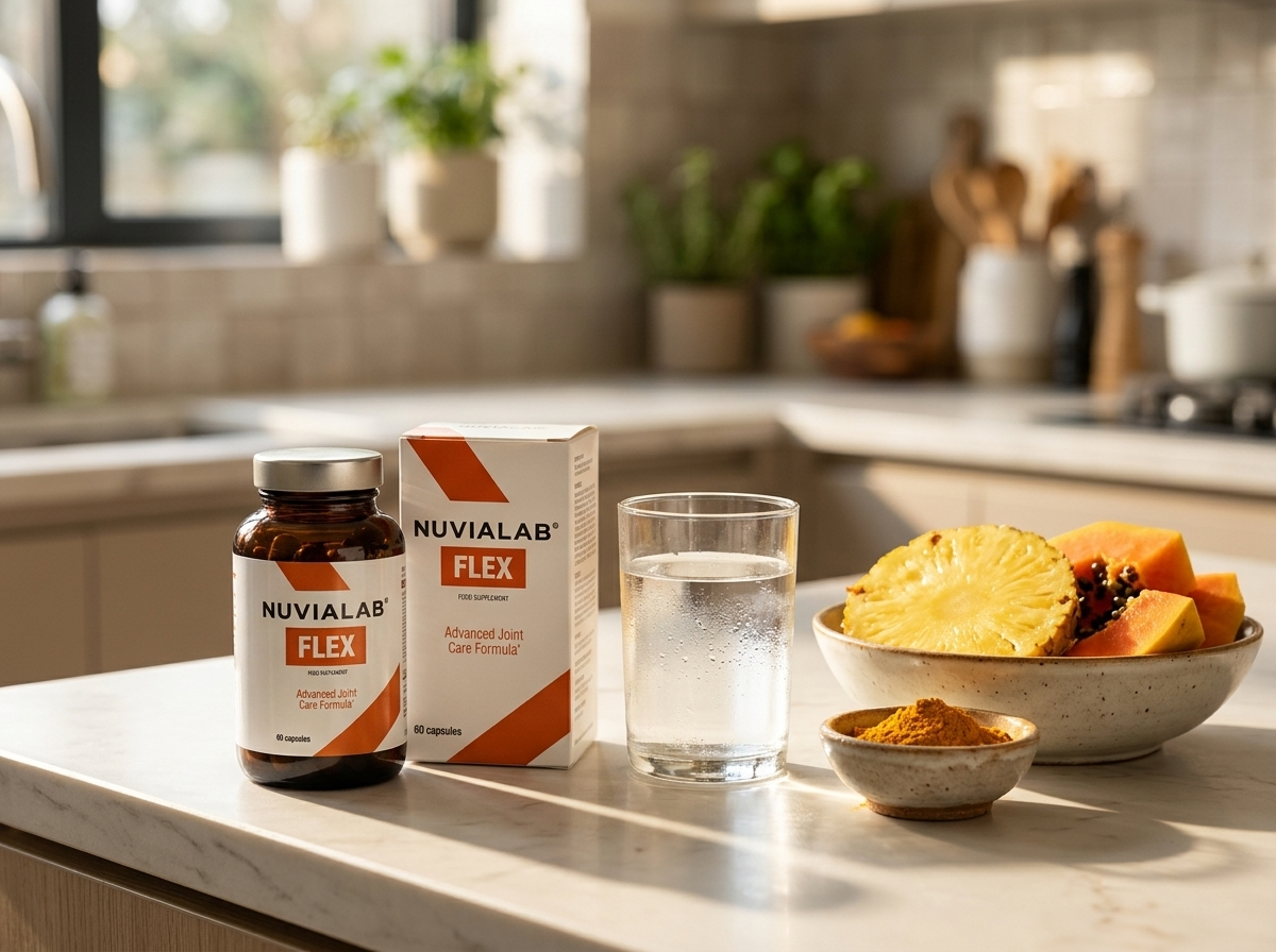 NuviaLab Flex bottle on a kitchen counter as part of a daily morning routine
