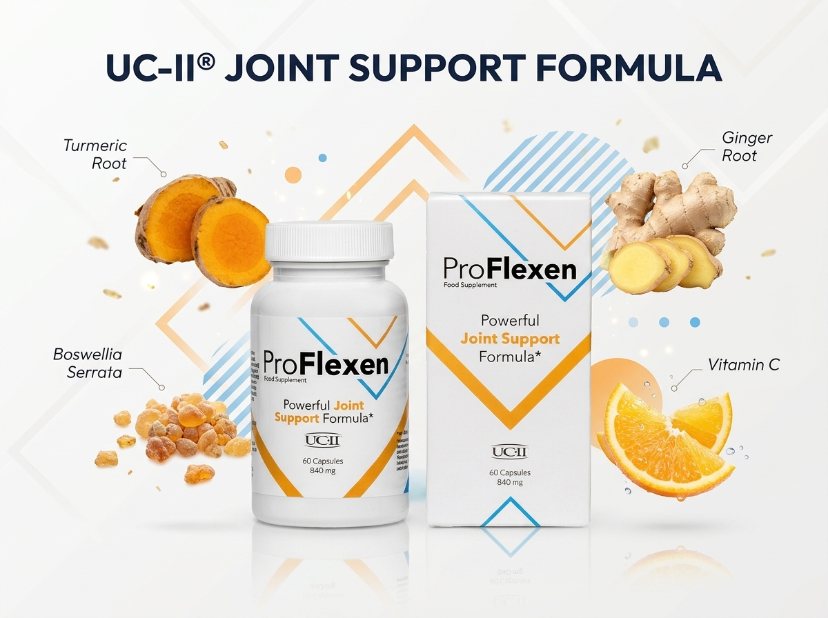ProFlexen ingredients: UC-II collagen, turmeric, ginger, boswellia and vitamin C around the product
