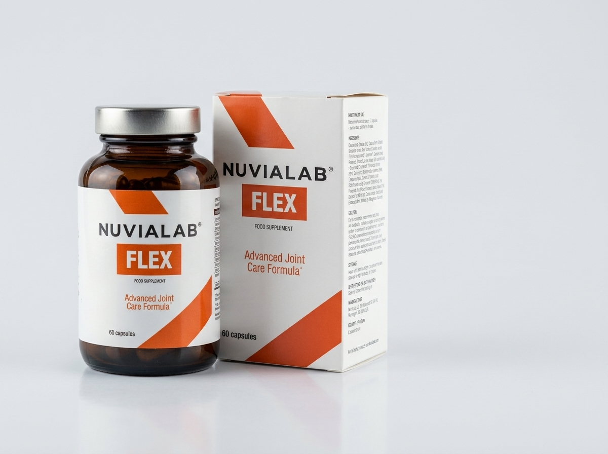 NuviaLab Flex review: joint supplement bottle and box on a white studio background