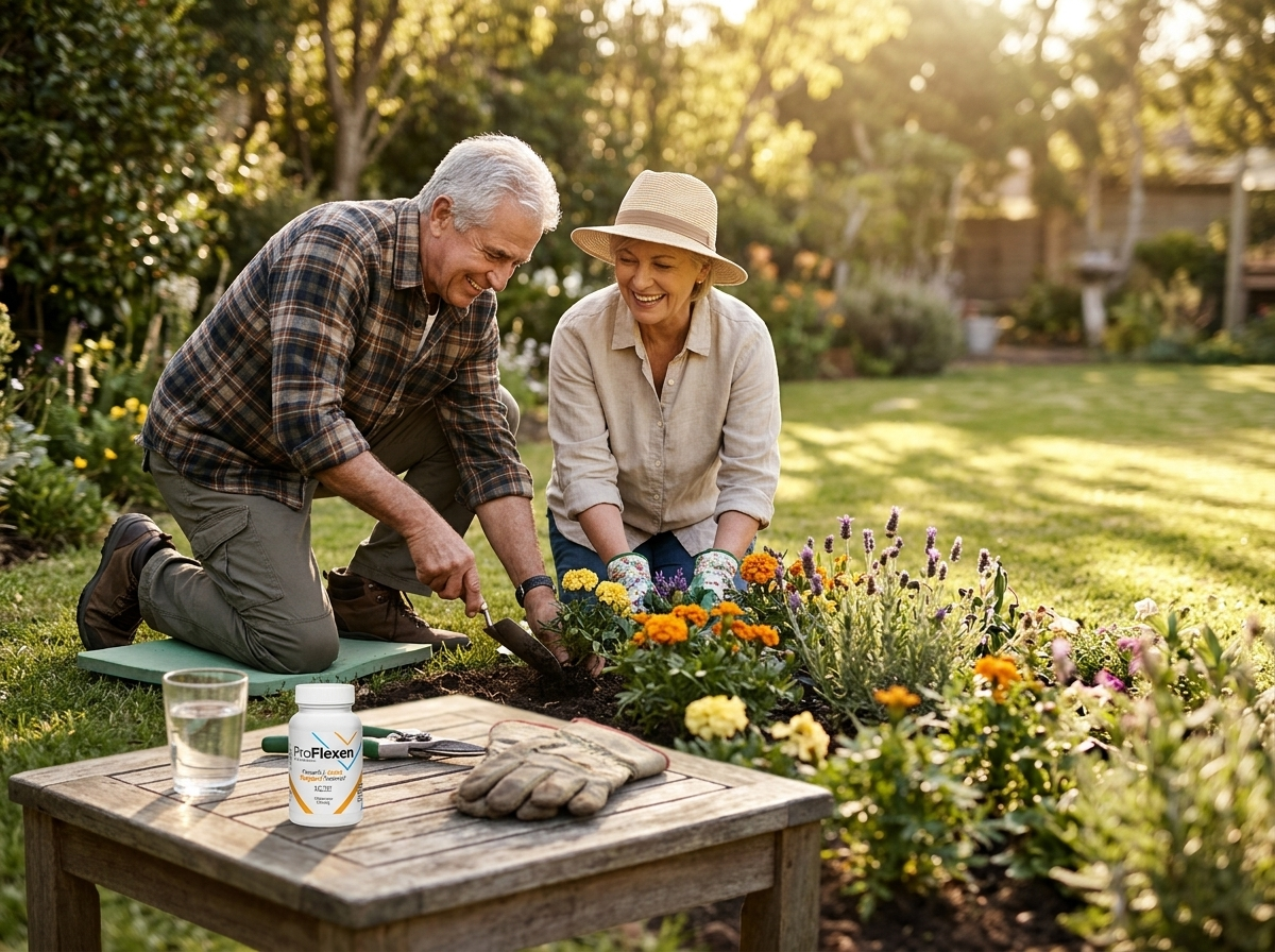 Senior couple gardening comfortably, staying active with joint support from ProFlexen
