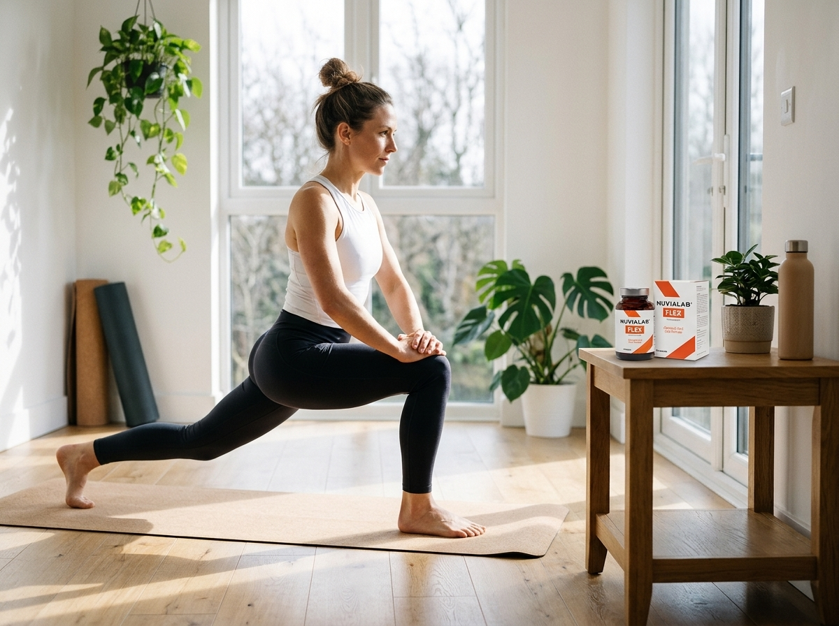 Woman lunging on a yoga mat, representing flexibility and an active lifestyle with NuviaLab Flex