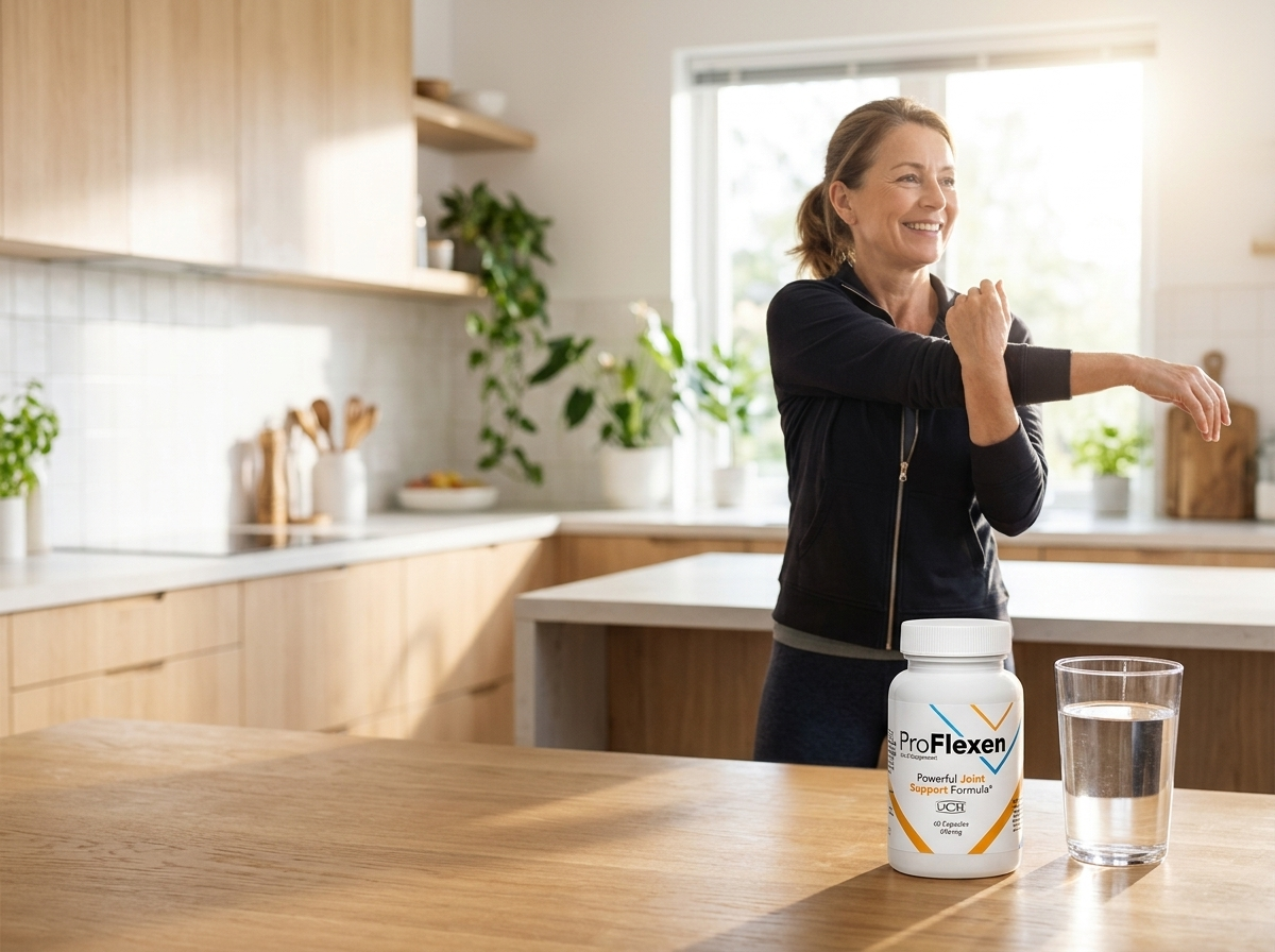 Woman stretching in a bright kitchen as part of a morning joint support routine with ProFlexen