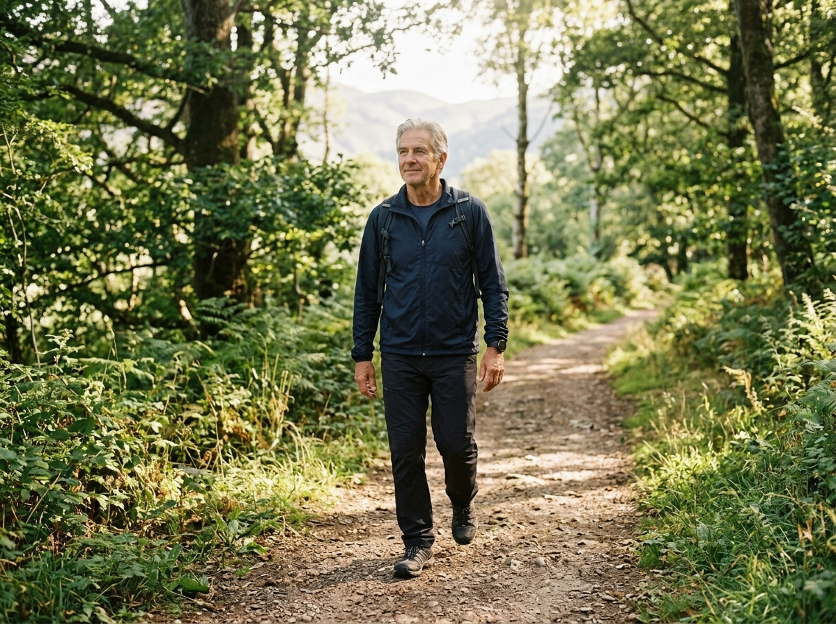 Adult hiking on a green trail, enjoying an active lifestyle with healthy joints