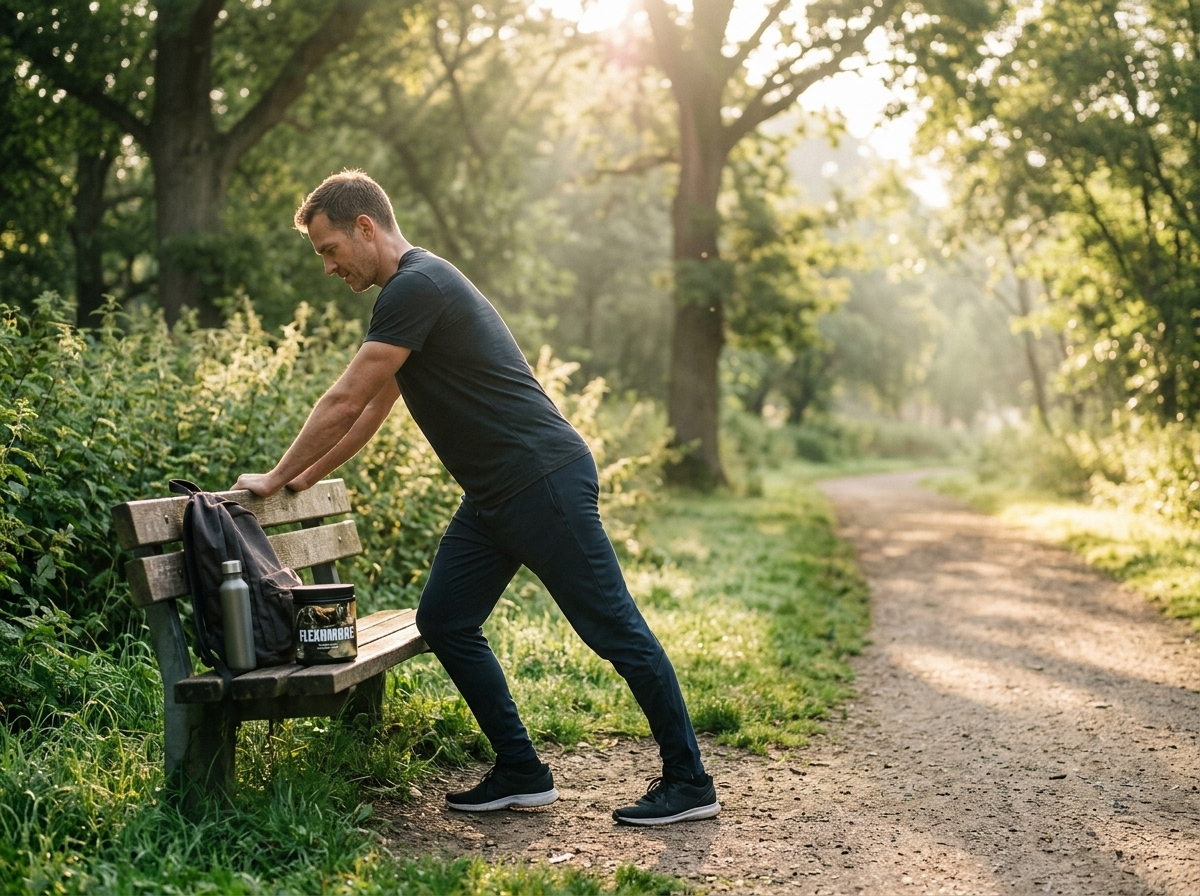 Athlete stretching beside a park, showing daily joint flexibility and mobility