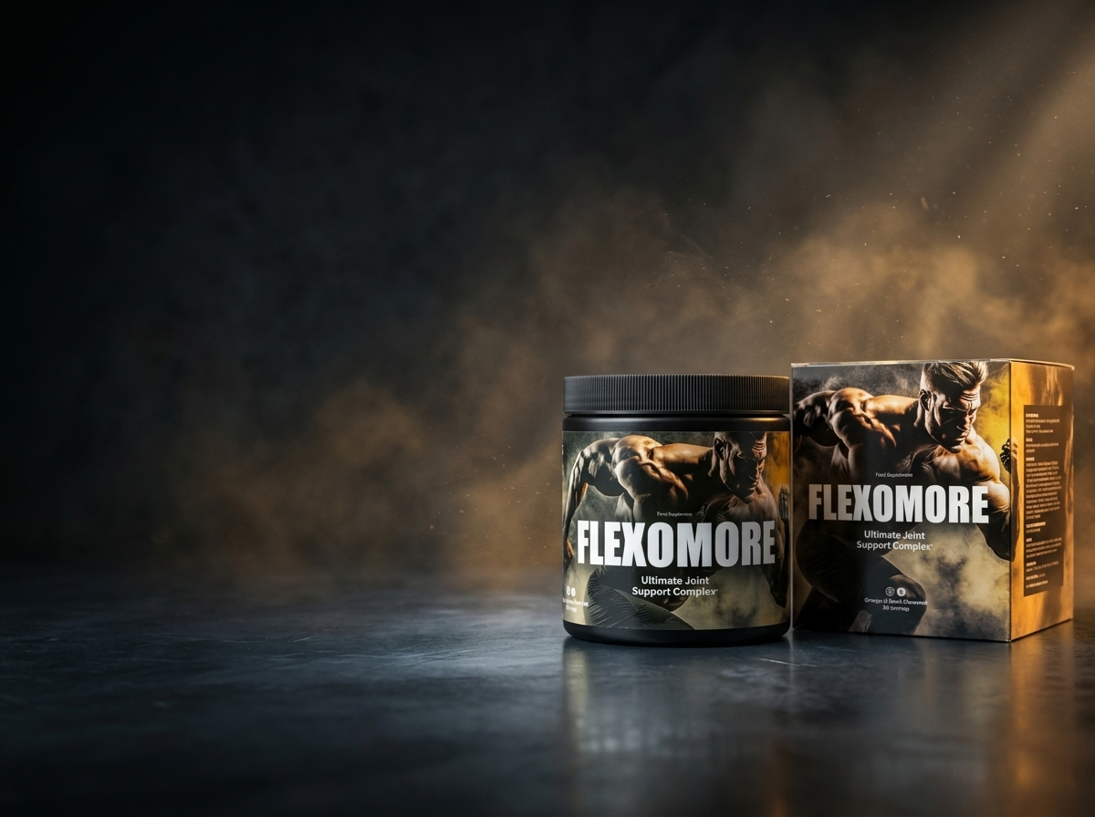 Flexomore Ultimate Joint Support Complex packaging banner for athletes and active people