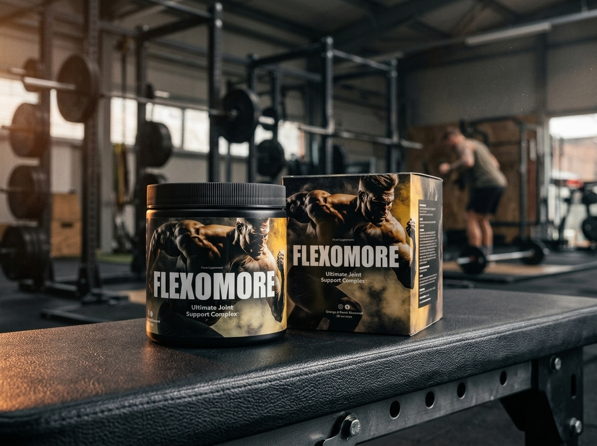 Flexomore supplement jar advertisement for joint and bone support