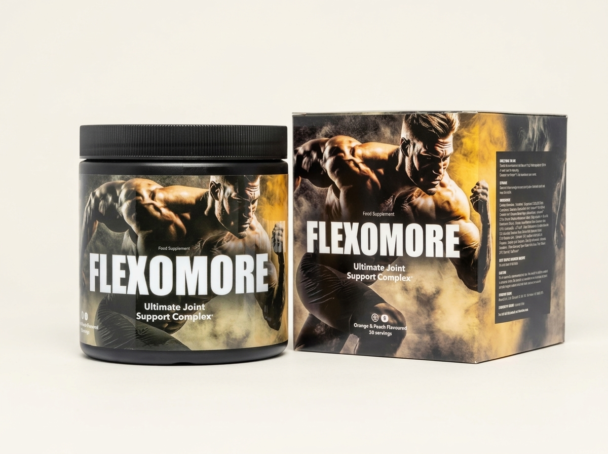 Flexomore supplement jar and box, orange and peach flavour joint support powder